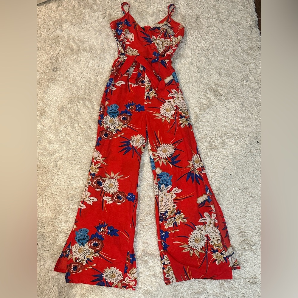 ASOS Parisian Red Floral Side Slit Flowy Jumpsuit - Size 4